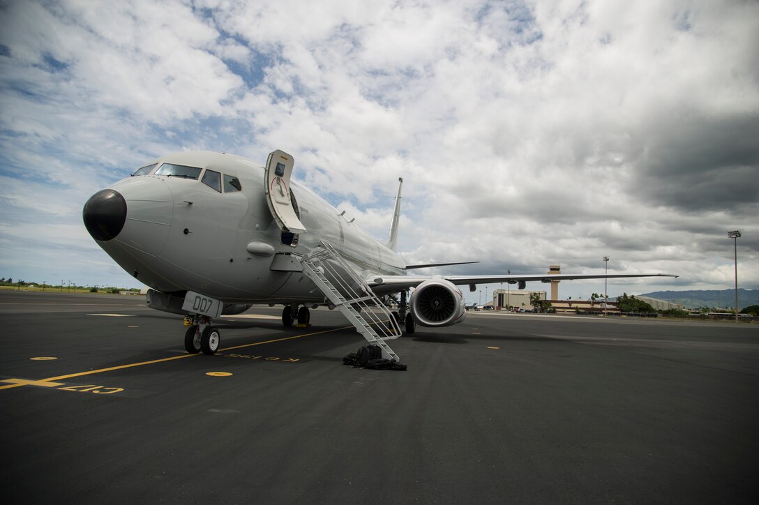 A Royal Australian Air Force P-8A Poseidon, the seventh to be delivered to Australia, arrives at Joint Base Pearl Harbor-Hickam, Hawaii, May 1, 2018. The 15th Wing supported the P-8 during its transition to 11 Squadron, RAAF Base Edinburgh, to replace the RAAF’s AP-3C Orion aircraft. (U.S. Air Force photo by Tech. Sgt. Heather Redman)