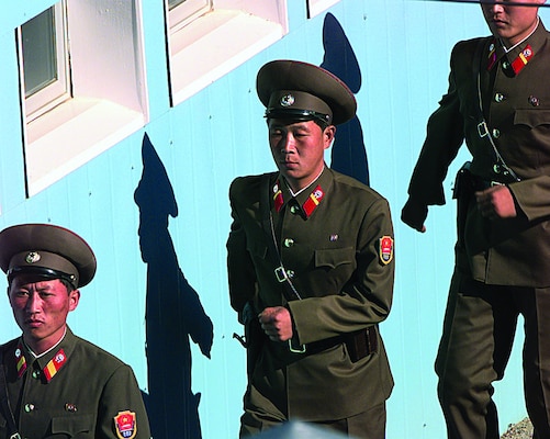 In 1998, People's Army guards from North Korea march in formation to their appointed posts during a repatriation ceremony in the Panmunjom Joint Security Area. (U.S. Air Force/James Mossman)