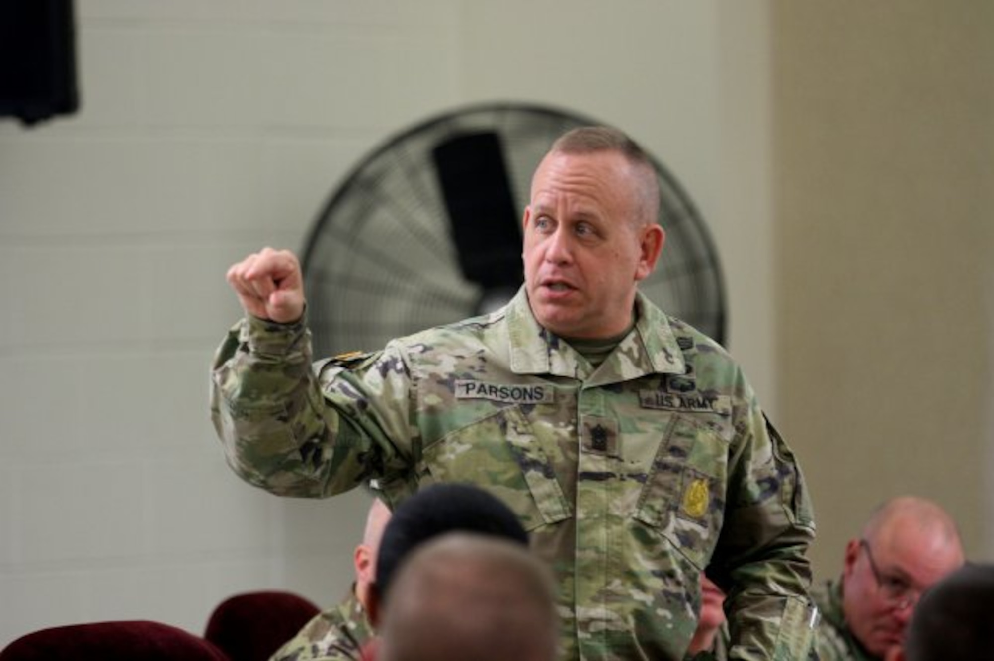Command Sgt. Maj. Berk Parsons, the Command Sgt. Maj. of the Field Artillery, briefs updates to the Noncommissioned Officer Education System or NCOES, during the Northeast Regional Field Artillery Symposium on Joint Base McGuire-Dix-Lakehurst, New Jersey April 24, 2018. (U.S. Army photo by Sgt. 1st Class Corey Vandiver) (Photo Credit: Sgt. 1st Class Corey Vandiver)