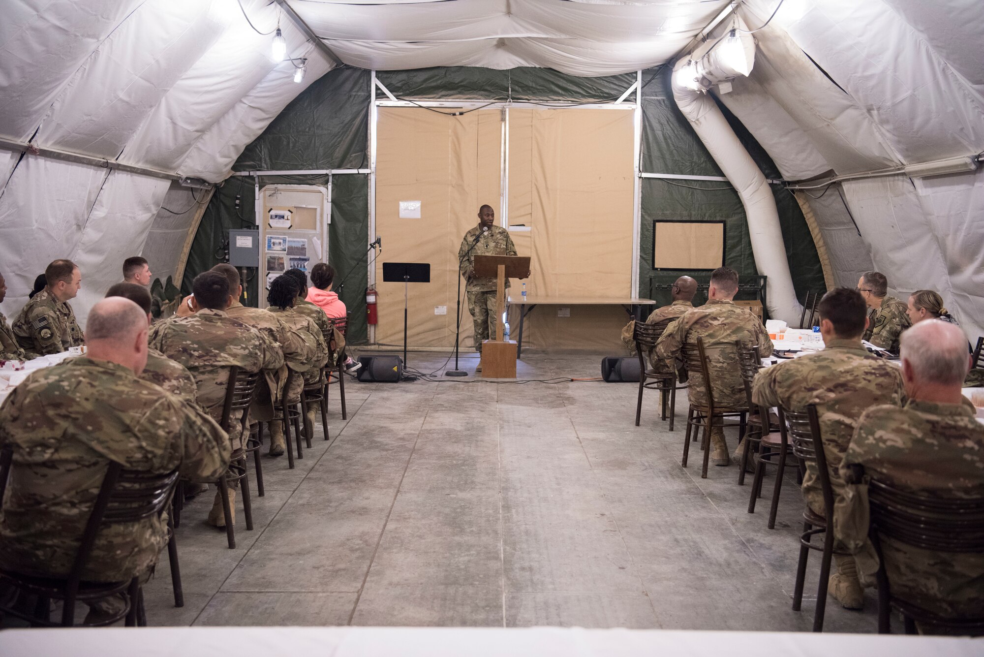 Lt. Col. Jamaal Mays, 332nd Expeditionary Logistical Readiness Squadron commander, speaks about resiliency during a breakfast the 332nd Air Expeditionary Wing held in observance of National Day of Prayer May 3, 2018, at an undisclosed location in Southwest Asia.