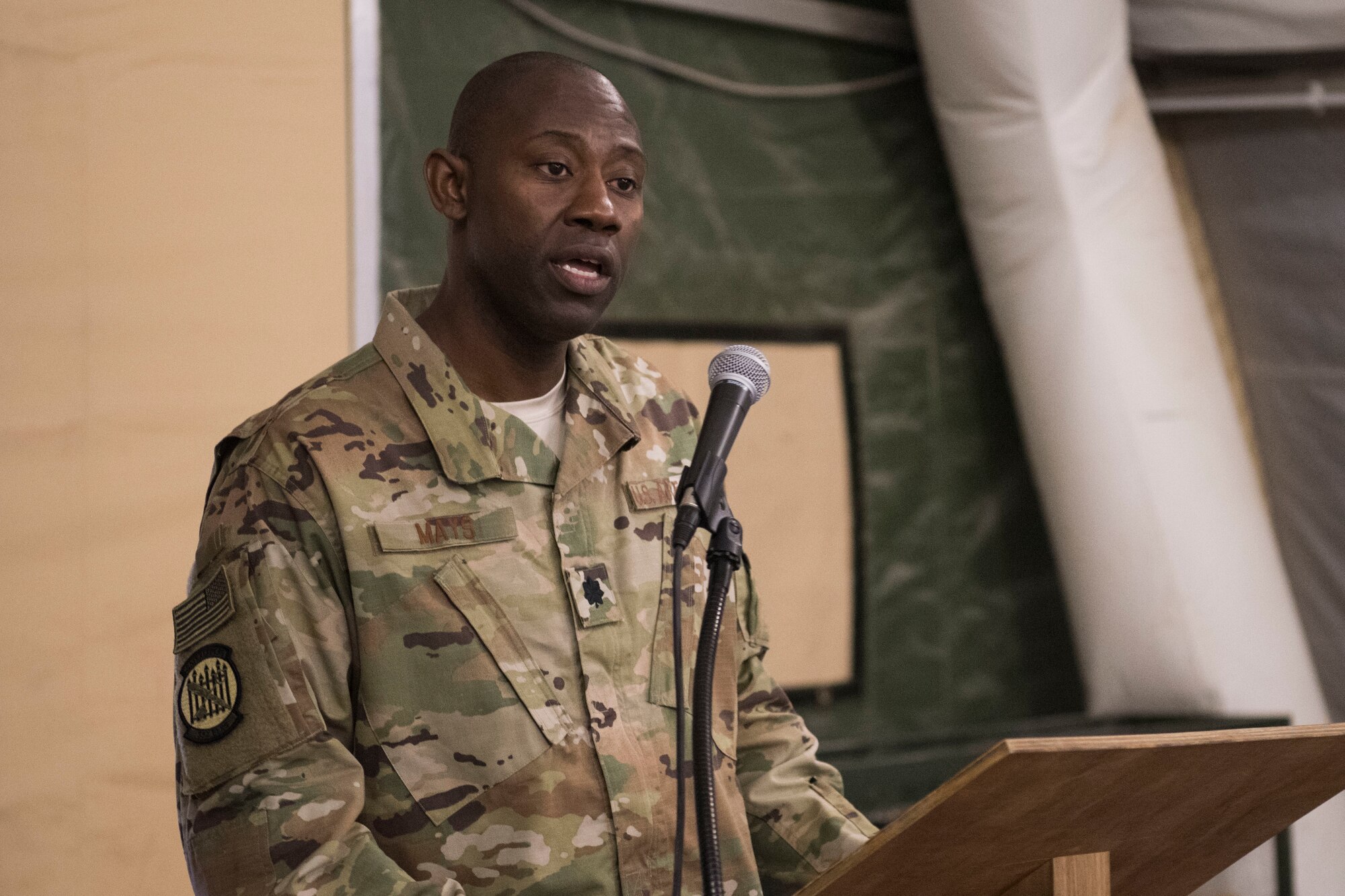 Lt. Col. Jamaal Mays, 332nd Expeditionary Logistical Readiness Squadron commander, speaks about resiliency during a breakfast the 332nd Air Expeditionary Wing held in observance of National Day of Prayer May 3, 2018, at an undisclosed location in Southwest Asia.