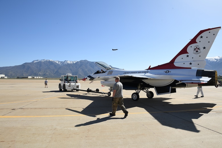 A U.S. Air Force Thunderbird jet is towed onto the flightline April 26, 2018, at Hill Air Force Base, Utah. The aircraft was the first to receive structural modifications as part of the F-16 Service Life Extension Program, or SLEP, that will keep the jet flying for decades. (U.S. Air Force photo by R. Nial Bradshaw)