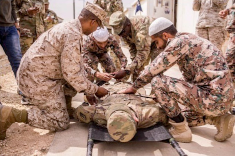 As part of Eager Lion 2018 Religious Affairs staff integration week, members of the U.S. military Chaplains Corps and Jordan Armed Forces (JAF) Ifta’a conducted mass casualty (MASCAL) training at the Joint Training Center April 12.

Over 30 U.S. Chaplains, NCOs, medics and JAF Imams demonstrated a collective interest in sharing tactics, techniques, and procedures during MASCAL operations. Together they focused on identifying and integrating best ministry practices in disaster response operations during simulated MASCAL scenarios. This bilateral cooperation enhanced interoperability in providing the best spiritual care to wounded in a controlled chaotic environment.