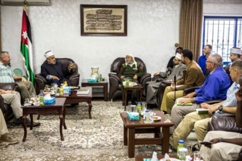 Senior religious affairs leaders of the Jordan Armed Forces and U.S. military met with the Hashemite Kingdom of Jordan’s Grand Mufti Mohammad Khalaileh (pictured speaking) at the Department General Ifta’a April 11. Events like these help to build trust and understanding between service members and citizens of different nations.