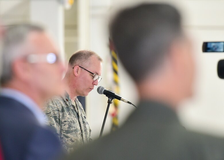 Youngstown State University President Jim Tressel gives remarks during a ceremony to unveil a new C-130H Hercules tail flash and nose art here, May 3, 2018.