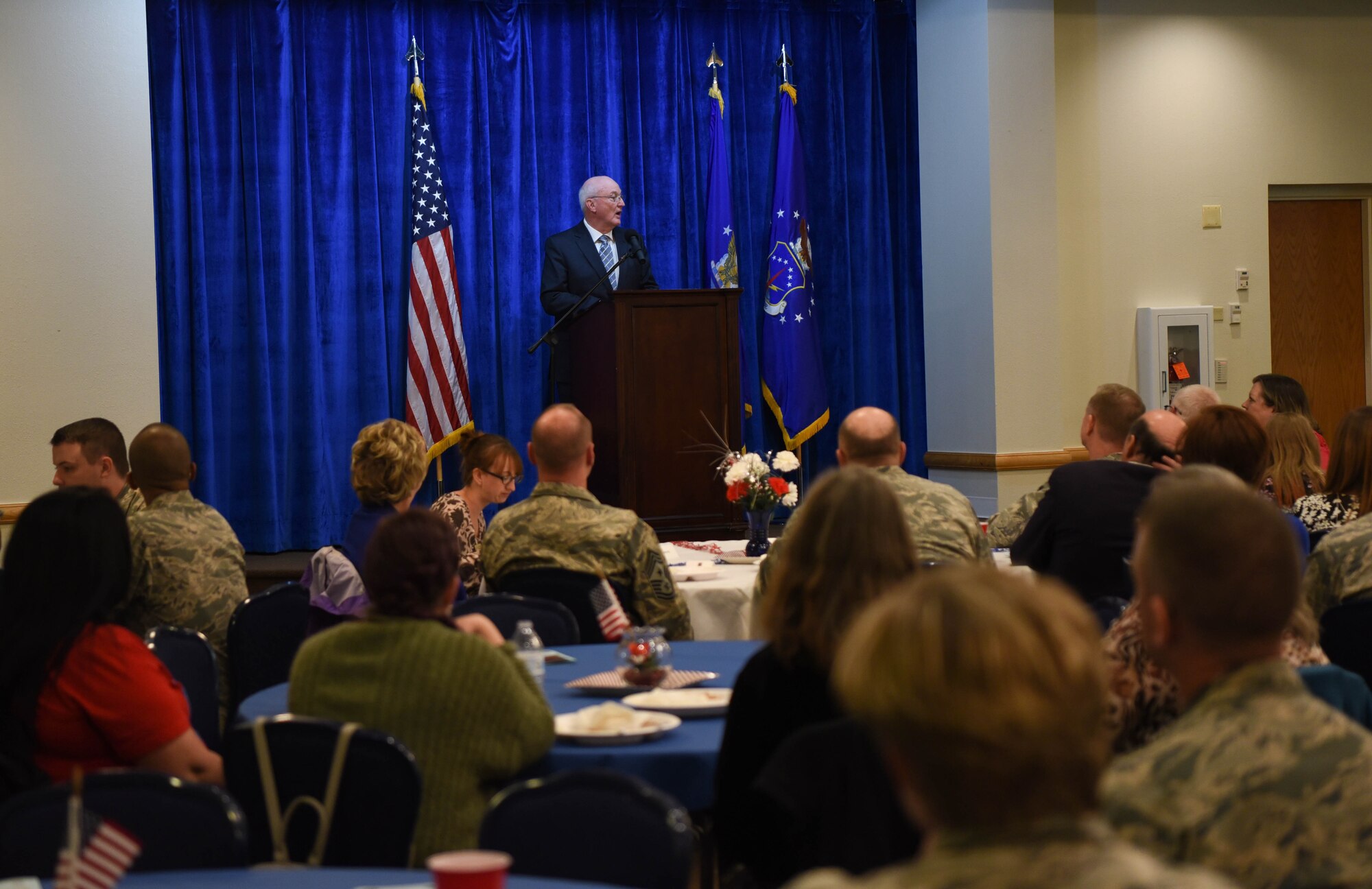 A luncheon was held for the National Day of Prayer on F.E. Warren Air Force Base, Wyo., May 2, 2018. Keynote speaker Chaplin, Maj. Gen. (Ret) Cecil Richardson, former chief of chaplains, gave a few words on the “Art of Belonging”. The theme of the luncheon and the overall message of Richardson’s words were consistent with one of the priorities of Col. Stacy Jo Huser, 90th Missile Wing commander, to foster a sense of belonging with one another here on F.E. Warren Air Force Base. (U.S. Air Force photo by Airman 1st Class Abbigayle Wagner)