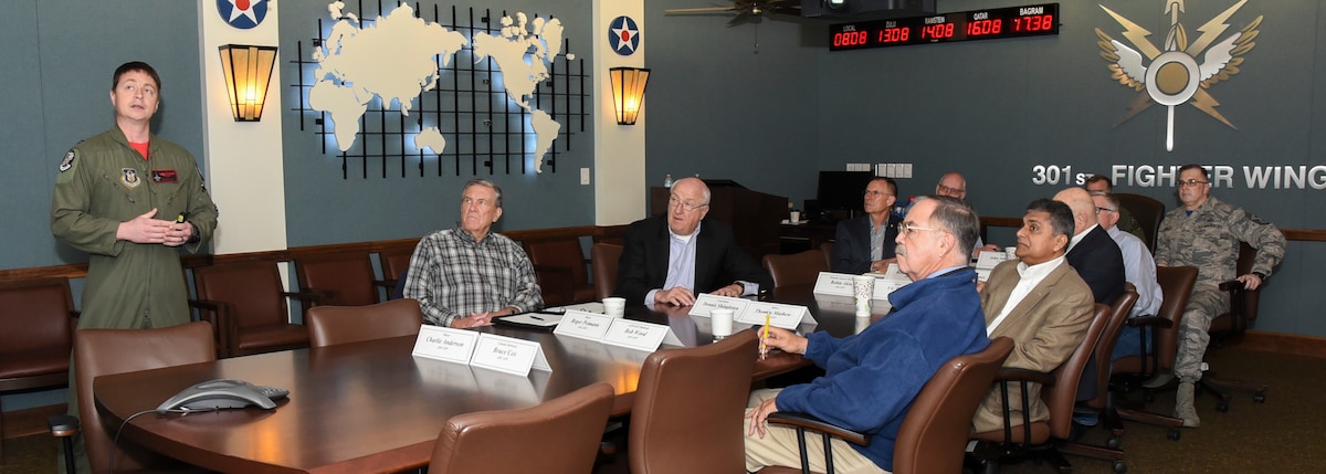 Eight Fort Worth Airpower Council members, the nation's oldest military support organization started by General Curtis LeMay in 1958, attended an F-35A update April 27, 2018, at the 301st Fighter Wing located on Naval Air Station Fort Worth Joint Reserve Base, Texas, which included an Environmental Impact Statement (EIS) briefing and infrastructure facilities requirement. This meeting gave Fort Worth civic leaders insight into what the fifth generation aircraft process entails if the wing is chosen to be the first Air Force Reserve Command F-35A unit. (U.S. Air Force photo by Julie Briden-Garcia)