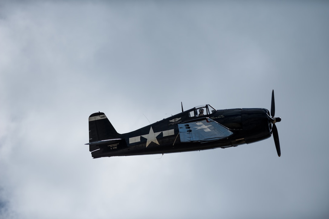 An F6F Hellcat flies through the sky above Beale Air Force Base, California, during the Air and Space Expo on April 27, 2018. The Hellcat is powered by an engine that produces over 2200 horsepower and top speeds of 391 mph. (U.S Air Force photo/Senior Airman Justin Parsons)