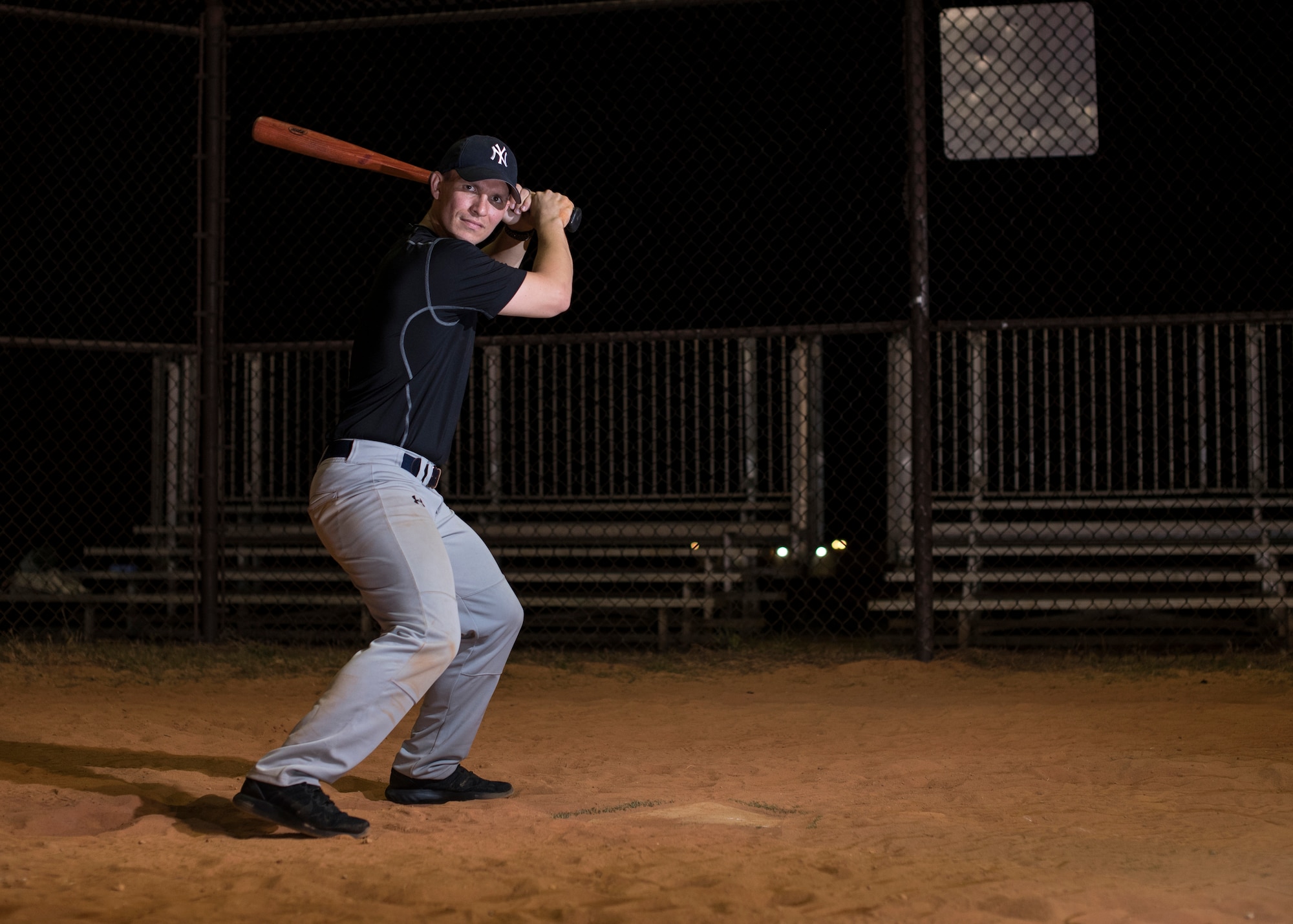 U.S. Air Force Staff Sgt. Robert Bryson, 33rd Fighter Wing Plans and Programs noncommissioned officer in charge, stands at home plate May 1, 2018, at Eglin Air Force Base, Fla. Bryson began his baseball journey at a young age and continued to play throughout high school and college. Today he uses what he learned to coach the 33rd Fighter Wing intramural Wing Staff softball team. (U.S. Air Force photo by Airman 1st Class Emily Smallwood)