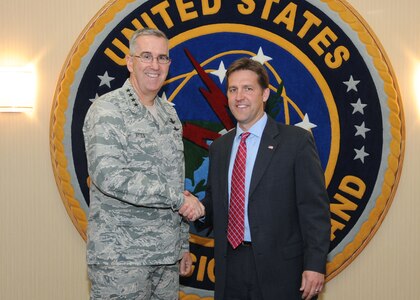 U.S. Air Force Gen. John Hyten, commander of U.S. Strategic Command (USSTRATCOM), welcomes U.S. Sen. Ben Sasse of Nebraska into USSTRATCOM headquarters, Offutt Air Force Base, Neb., May 3, 2018.  Sasse, a member of the Senate Armed Services Committee, met with Hyten and other senior leaders during his visit and received briefings on current operations, space operations and nuclear modernization.  One of nine Department of Defense unified combatant commands, USSTRATCOM has global missions assigned through the Unified Command Plan that include strategic deterrence, space operations, cyberspace operations, joint electronic warfare, global strike, missile defense, intelligence, and analysis and targeting.