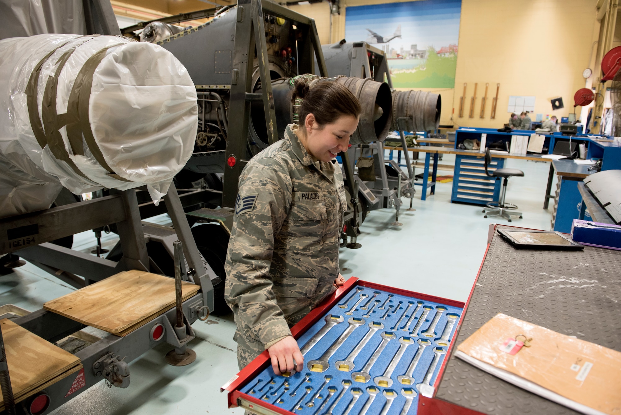 U.S. Air Force Staff Sgt. Samantha Palacios, an aerospace propulsion specialist at the 182nd Maintenance Squadron, Illinois Air National Guard, looks through a tool box in the machine shop at the 182nd Airlift Wing, Peoria, Ill., April 8, 2018.
