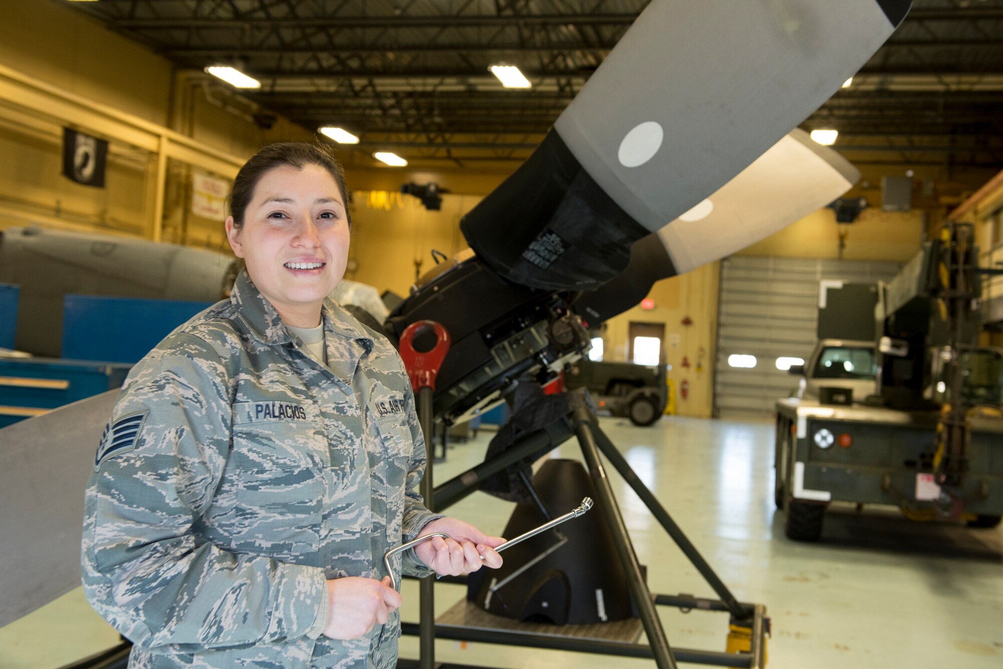 U.S. Air Force Staff Sgt. Samantha Palacios, an aerospace propulsion specialist at the 182nd Maintenance Squadron, Illinois Air National Guard, is pictured in the machine shop at the 182nd Airlift Wing, Peoria, Ill., April 8, 2018.