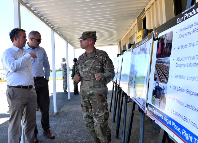 U.S. Army Lt. Col. Kenneth A. Hoisington, U.S. Army Strategic Logistics Activity Charleston (ASLAC) director, briefs Rick Trimble, left, military legislative assistant to Senator Tim Scott, on the role of ASLAC during a tour of Joint Base Charleston May 2, 2018.