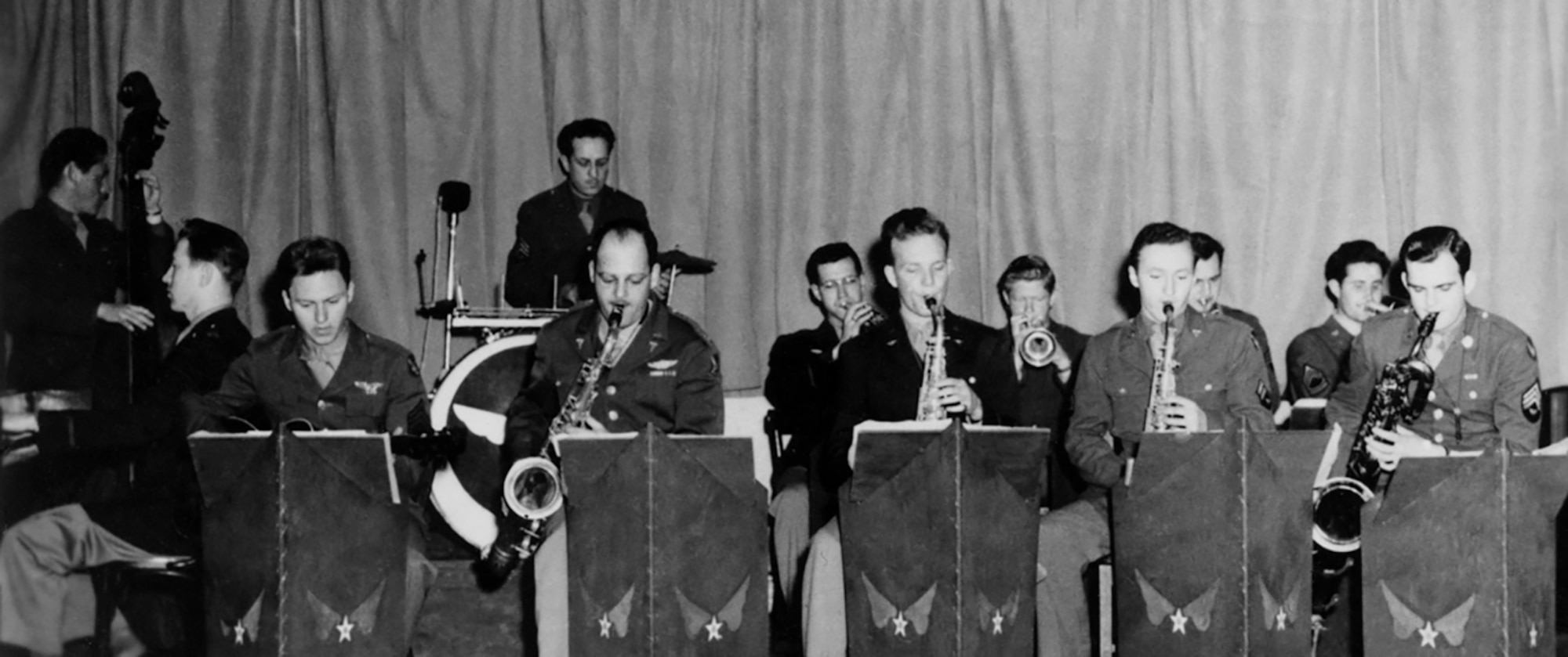Harding Zumwalt (back center) performs with the Thunderbolt Dance Band in 1943.  (Courtesy Zumwalt family archives)