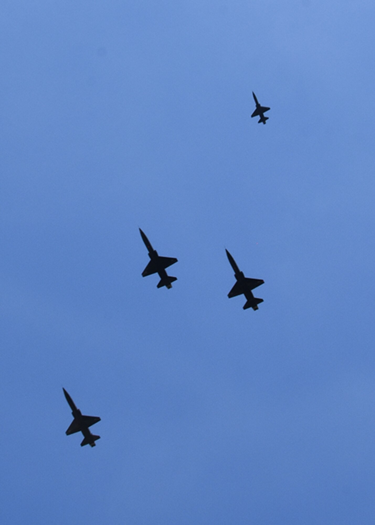 Four T-38 jets from Whiteman Air Force Base perform a missing man formation over Jefferson Barracks National Cemetery on April 30, 2018 in honor of World War II combat aviator and former 131st Tactical Fighter Wing commander, Brig. Gen. Harding Zumwalt.  (U.S. Air National Guard photo by Senior Master Sgt. Mary-Dale Amison)