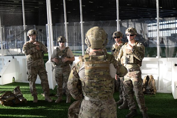 Master Sgt. Carlos Sanchez, 28th Civil Engineer Explosive Ordnance Disposal flight lead, briefs the EOD team participating in the 50th Anniversary National EOD Memorial Day ruck march at Ellsworth Air Force Base, S.D., May 4, 2018. National EOD Memorial Day is designated by Congress as the first Saturday of May to honor of EOD technicians who lost their lives while conducting operations across the globe. (U.S. Air Force photo by Airman 1st Class Nicolas Z. Erwin)