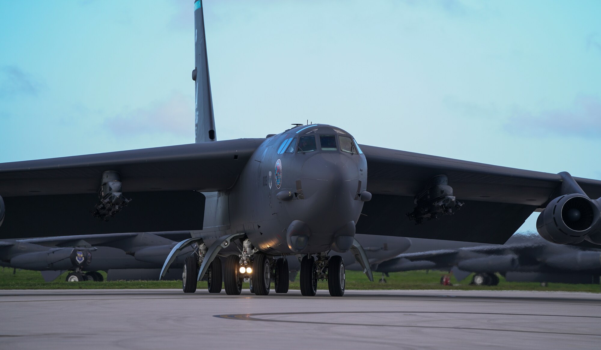 A U.S. Air Force B-52H Stratofortress bomber, deployed from Barksdale Air Force Base, Louisiana, taxis for take off prior to a routine training mission at Andersen Air Force Base, Guam, May 4, 2018.