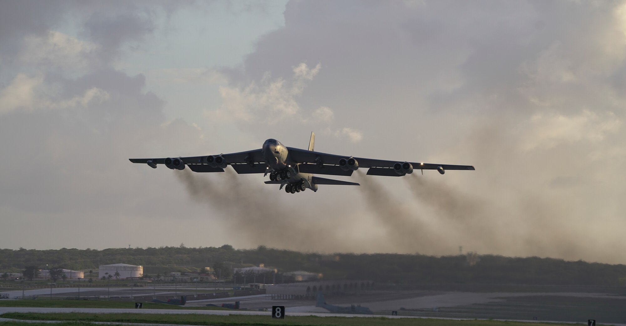A U.S. Air Force B-52H Stratofortress bomber, deployed from Barksdale Air Force Base, Louisiana, takes off from Andersen Air Force Base, Guam, on a routine training mission May 4, 2018.