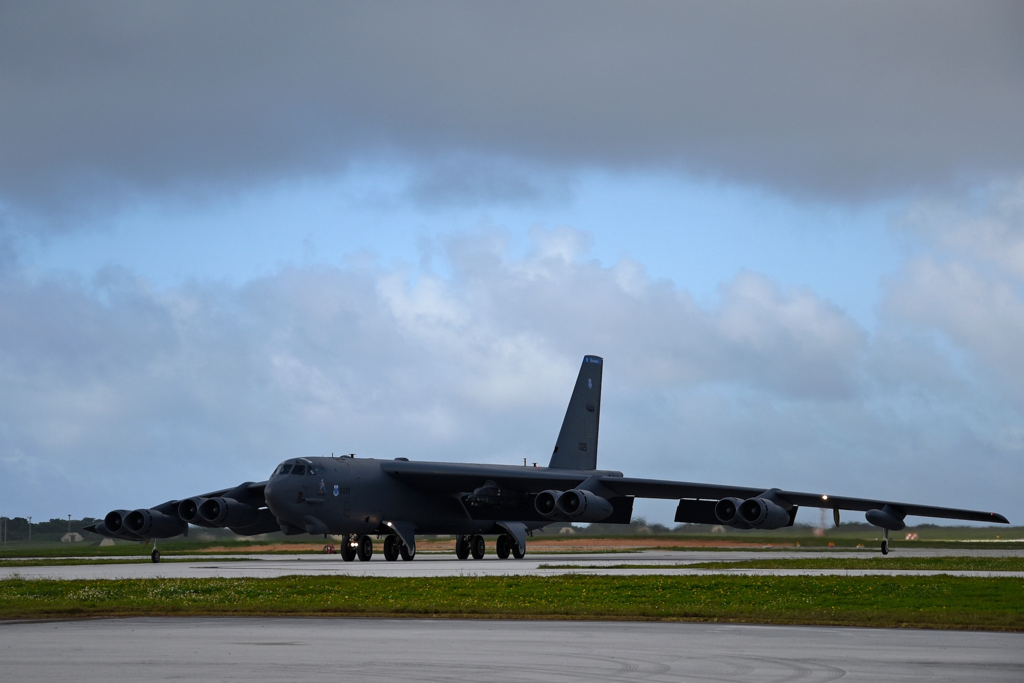 A U.S. Air Force B-52H Stratofortress bomber, deployed from Barksdale Air Force Base, Louisiana, taxis at Andersen Air Force Base, Guam, after conducting a routine training mission May 2, 2018.