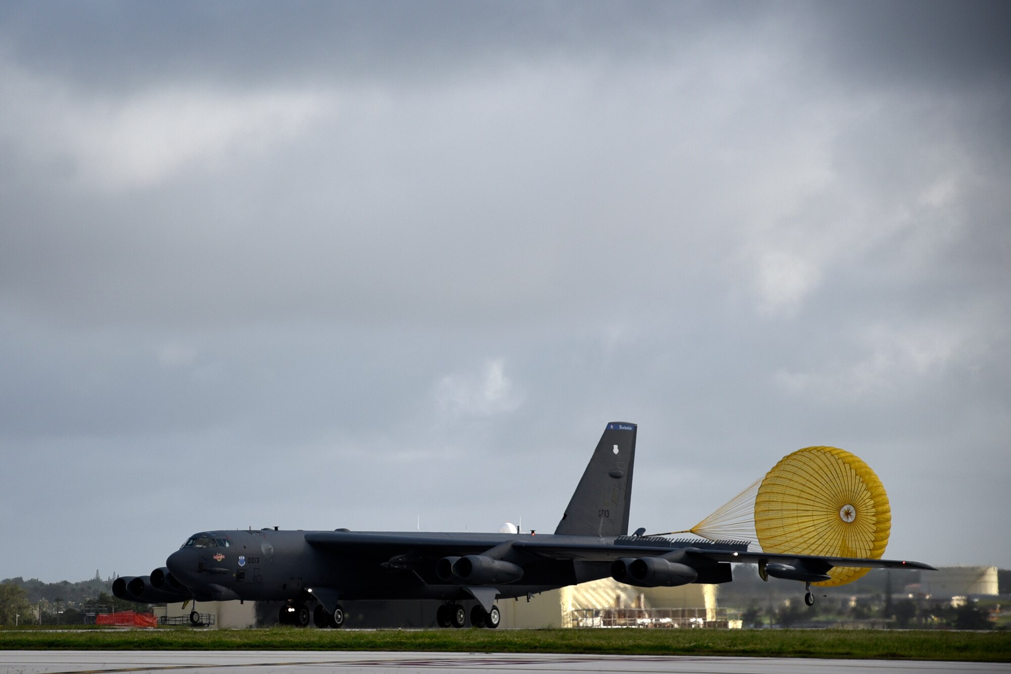 A U.S. Air Force B-52H Stratofortress bomber, deployed from Barksdale Air Force Base, Louisiana, lands at Andersen Air Force Base, Guam, after a routine training mission May 2, 2018.