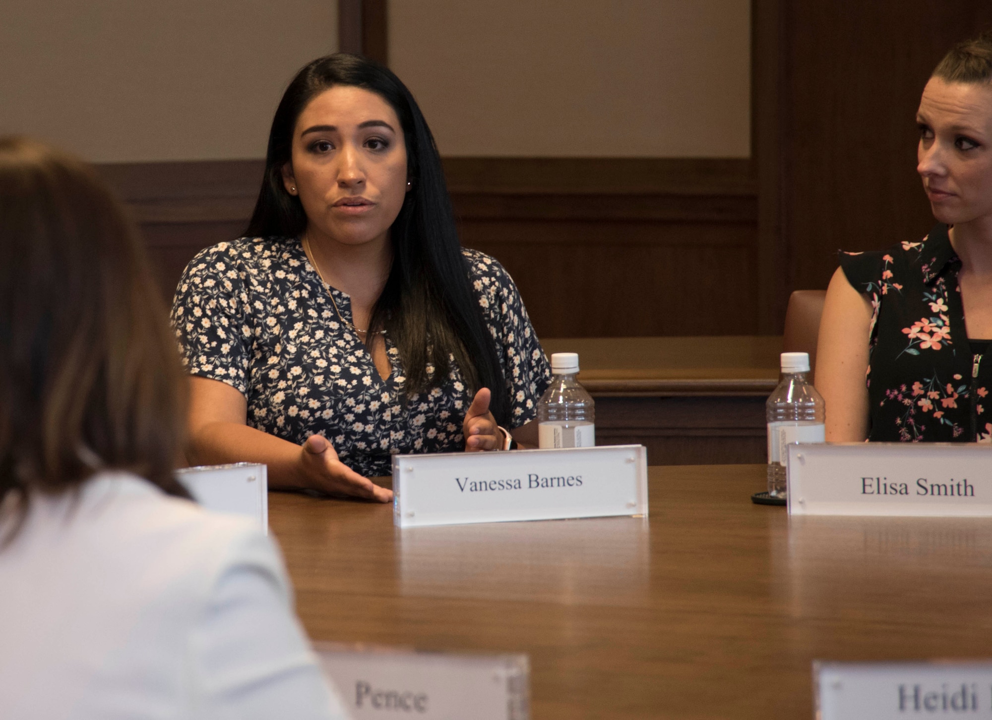 Mrs. Vanessa Barnes, wife of a U.S. Sailor, shares her experiences with Second Lady Karen Pence during a round table meeting with military spouses from all branches, Friday, May 4, 2018, at the George W. Bush Presidential Center, Dallas, Texas. Pence has visited other locations to speak with military spouses, including Luke Air Force Base, Arizona and Yokota Air Base, Japan. (U.S. Air Force photos by Tech. Sgt. Melissa Harvey)