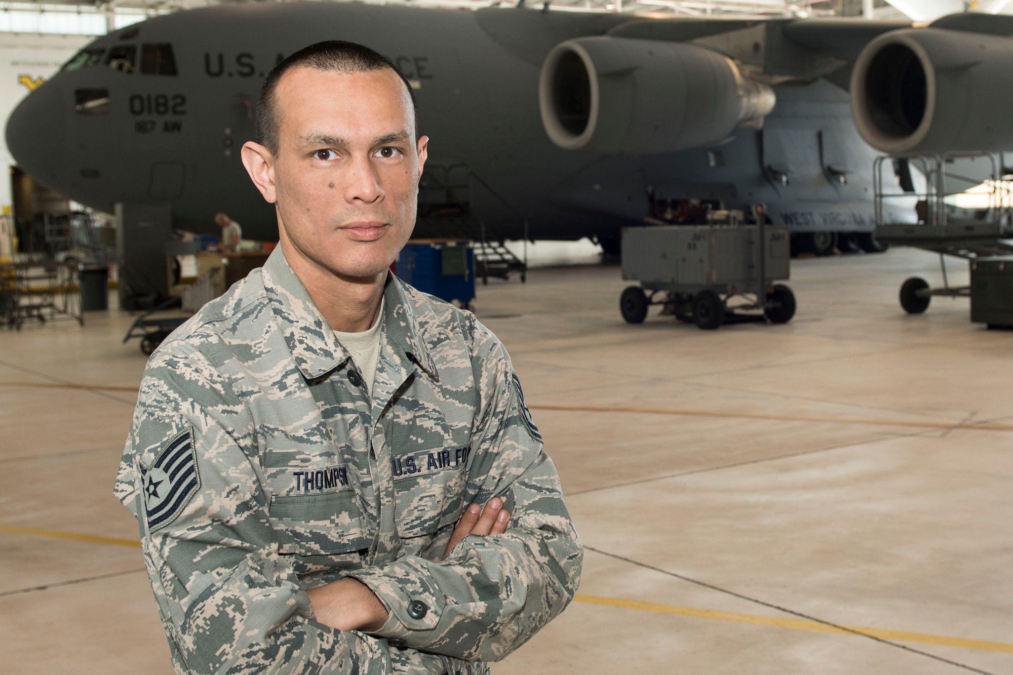 Tech. Sgt. Michael Thompson, an electronic systems mechanic for the 167th Maintenance Group, credits a Vietnam Veteran with helping his family and inspiring him to join the military. (U.S. Air National Guard photo by Senior Master Sgt. Emily Beightol-Deyerle)