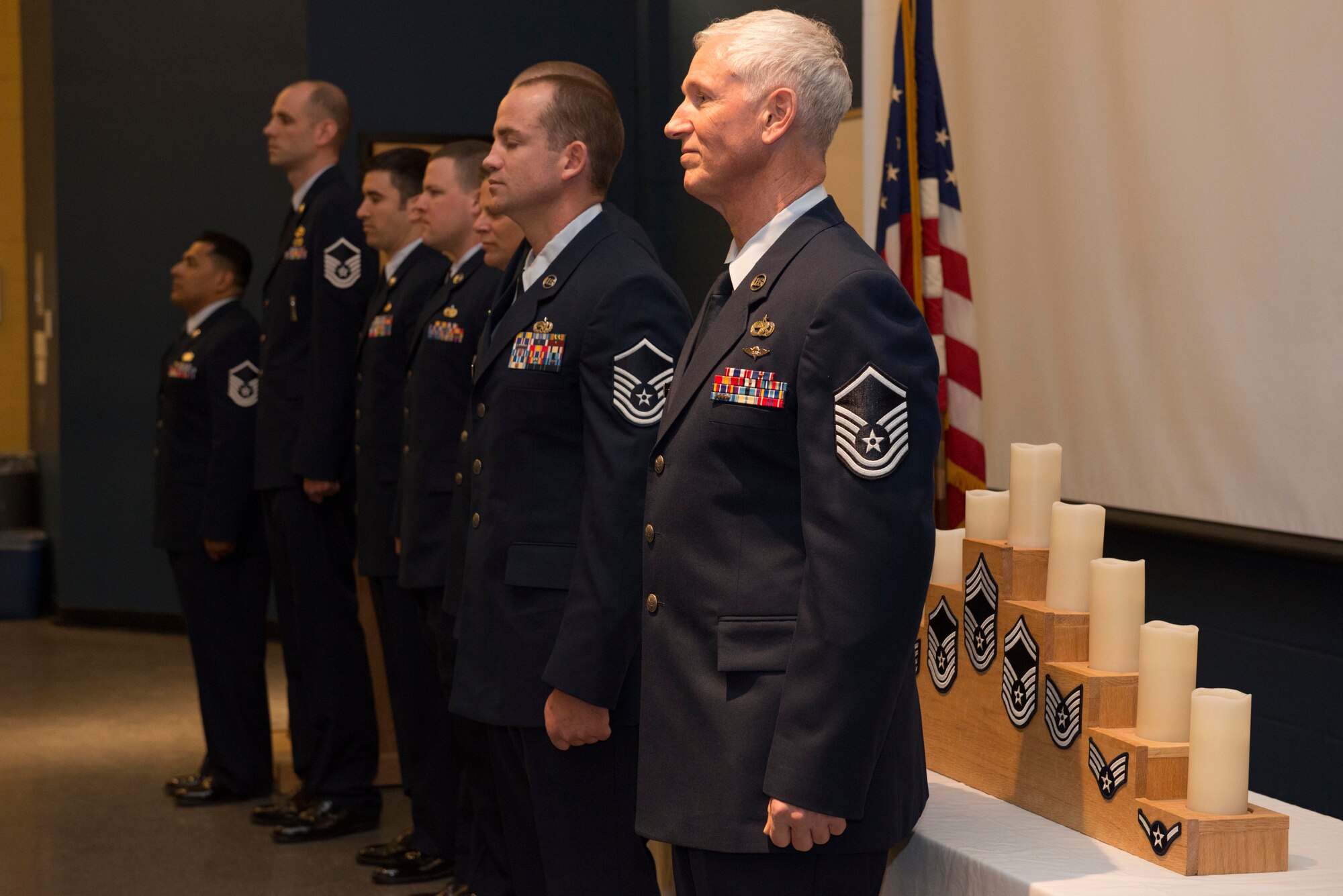 Newly promoted Master Sergeants are recognized during a promotion ceremony at Minneapolis-St. Paul Air Reserve Station, Minn., May. 5, 2018. The 934th Airlift Wing recognized their newest senior non-commissioned officers as part of a time honored tradition. (U.S. Air Force Photo by Tech. Sgt. Amber E. N. Jacobs)