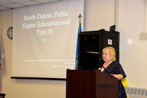 Francesca “Checka” Leinwall, Northern State University associate vice president for student affairs, to spoke about the Title IX program to members of the 114th Fighter Wing on May 5, 2018, Sioux Falls, S.D.