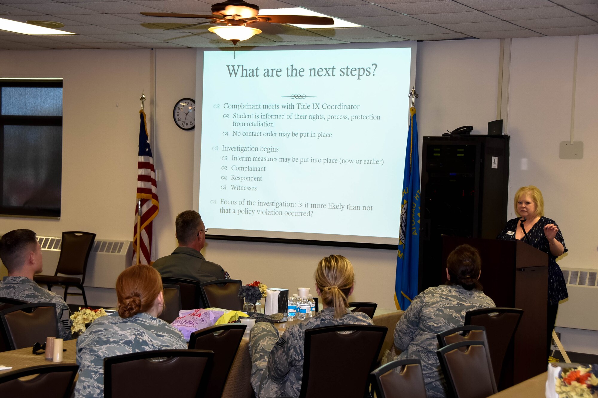 Francesca “Checka” Leinwall, Northern State University associate vice president for student affairs, to spoke about the Title IX program to members of the 114th Fighter Wing on May 5, 2018, Sioux Falls, S.D.