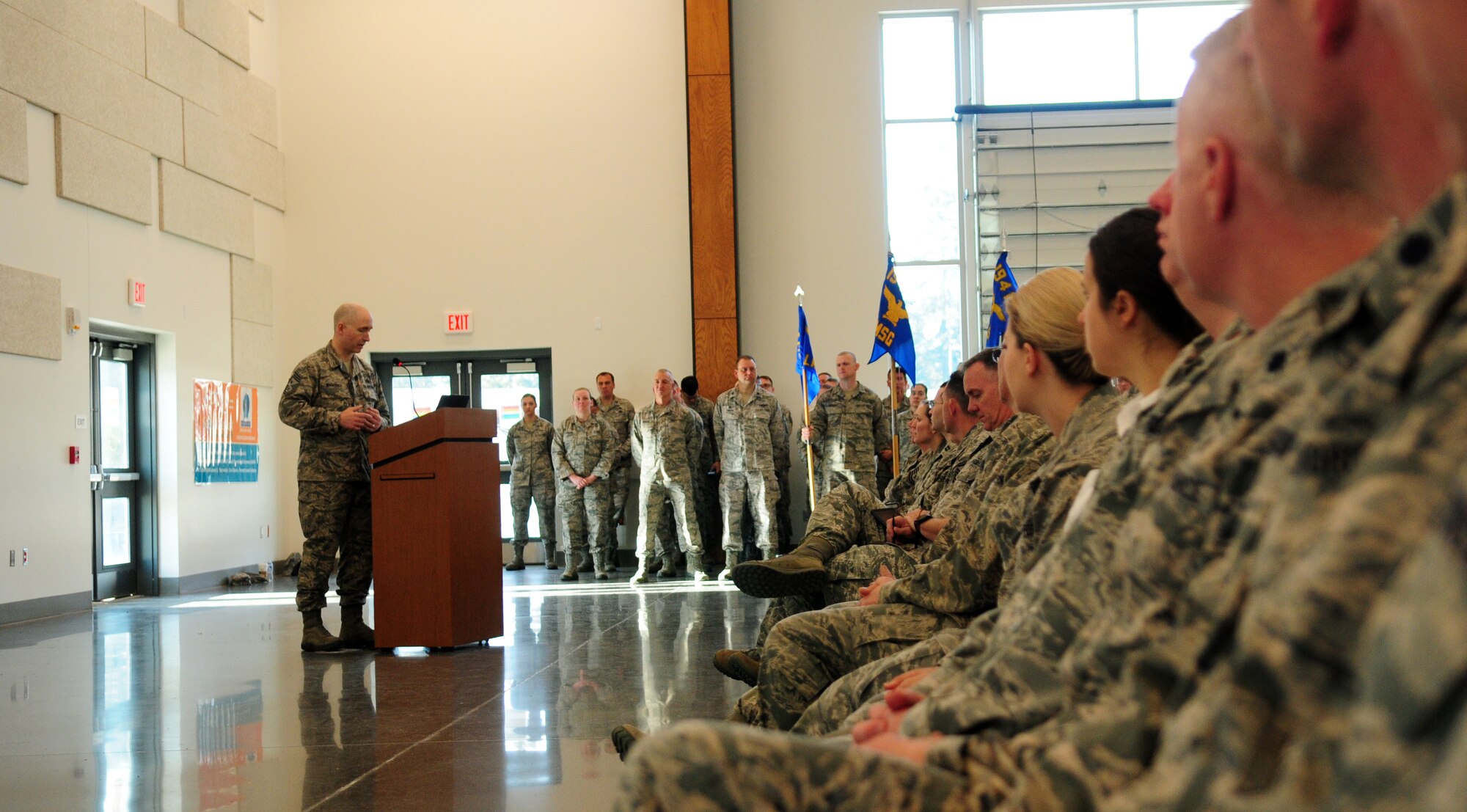 Chief Master Sgt. Brian Waggoner speaks at a May 2018 commander's call of the 194th Wing