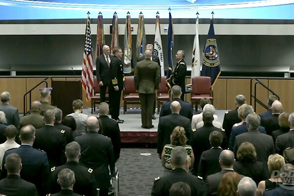 Deputy Defense Secretary Patrick M. Shanahan leads a ceremony in which Army Lt. Gen. Paul M. Nakasone takes command of U.S. Cyber Command from Navy Adm. Michael S. Rogers at Fort Meade, Md., May 4, 2018.