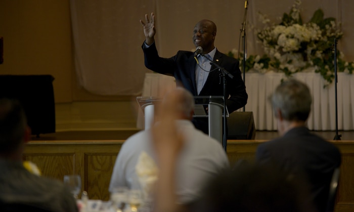 Senator Tim Scott delivers remarks during the 2018 National Prayer Luncheon May 3, at the Naval Weapons Station’s Red Bank Club.