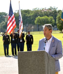 City of San Antonio Mayor Ron Nirenberg talks about what the U.S. military means to San Antonio during a ceremony at the MacArthur Parade Field at Joint Base San Antonio-Fort Sam Houston May 6.