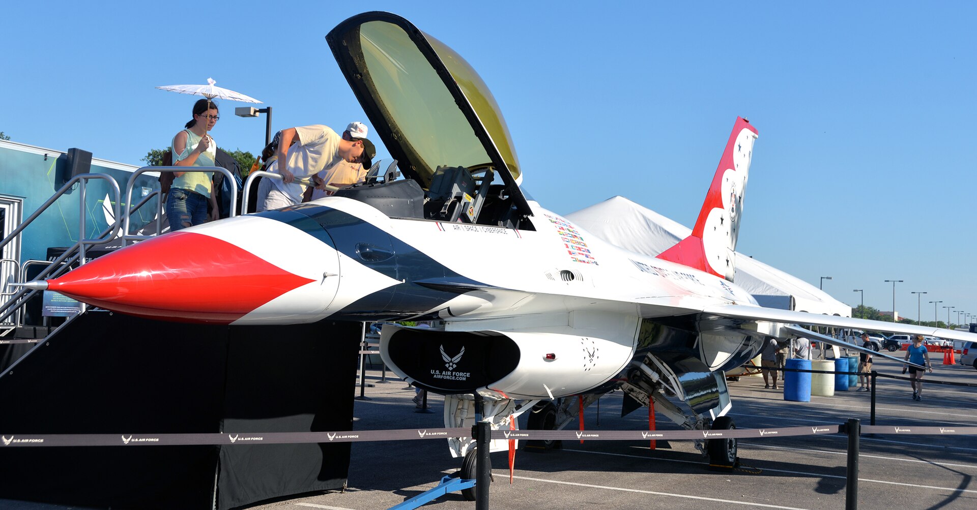 Getting an up-close-and-personal look at a U.S. Air Force Thunderbirds Air Demonstration Squadron F-16 Fighting Falcon aircraft was one of the highlights of the Military Appreciation Weekend celebration held May 5-6 at Joint Base San Antonio-Fort Sam Houston.
