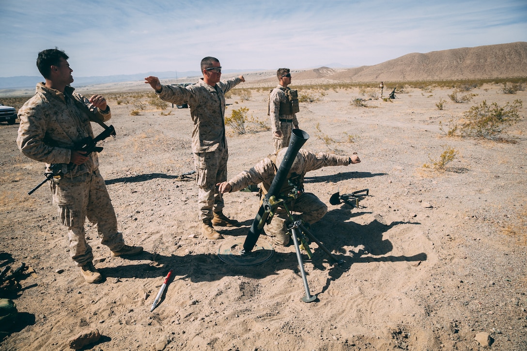 Marines with 3rd Battalion, 2nd Marine Regiment, 2nd Marine Division, setup an 81mm mortar system at Range 630 during Integrated Training Exercise 3-18 aboard the Marine Corps Air Ground Combat Center, Twentynine Palms, Calif., April 30, 2018. The purpose of ITX is to create a challenging, realistic training environment that produces combat-ready forces capable of operating as an integrated Marine Air Ground Task Force. (U.S. Marine Corps photo by Lance Cpl. William Chockey)