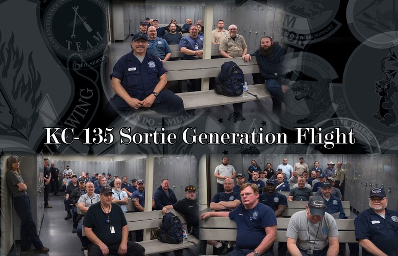 Three shifts of the KC-135 Sortie Generation Flight assigned to the 97th Aircraft Maintenance Squadron, assemble for roll call, at Altus Air Force Base, Okla.
