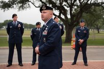Lt. Col. Brandon Edge, 902nd Security Forces Squadron Commander, speaks to 902nd SFS members, Airman 1st Class Lindsey’s family and other spectators at the Lindsey Gate Unveiling Ceremony May 4, 2018 on Joint Base San Antonio-Randolph.