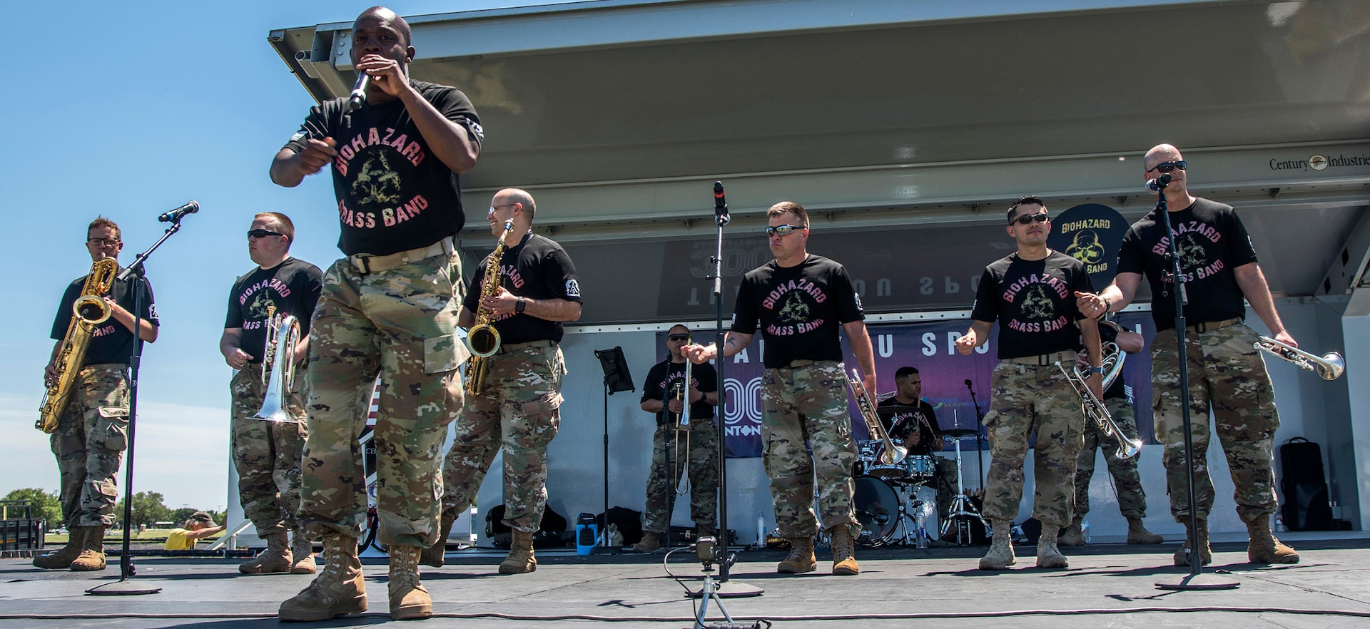 The Biohazard Brass Band, part of the 323rd Army Band "Fort Sam's Own," entertain the crowd May 5 at Joint Base San Antonio-Fort Sam Houston during the Military Appreciation Weekend celebration.