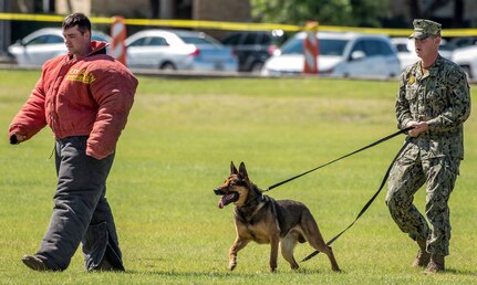 The Navy Working Dog Team prepares for a demonstration May 5 at MacArthur Parade Field at Joint Base San Antonio-Fort Sam Houston during the Military Appreciation Weekend celebration May 5-6.