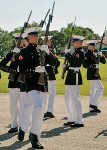 The U.S. Marine Corps Silent Drill Platoon performs precision movements May 5 at MacArthur Parade Field at Joint Base San Antonio-Fort Sam Houston during the Military Appreciation Weekend celebration May 5-6.