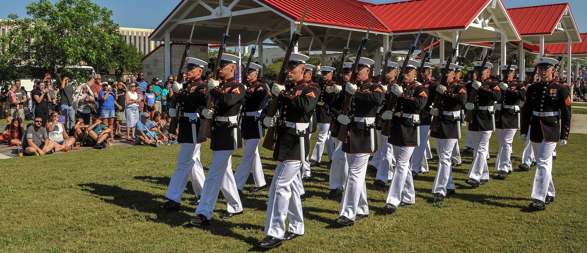 The U.S. Marine Corps Silent Drill Platoon performs precision movements May 5 at MacArthur Parade Field at Joint Base San Antonio-Fort Sam Houston during the Military Appreciation Weekend celebration May 5-6.