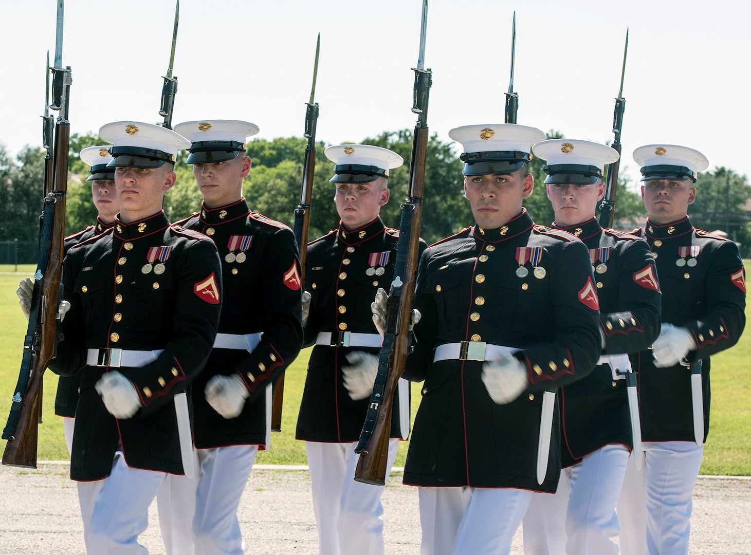 The U.S. Marine Corps Silent Drill Platoon performs precision movements May 5 at MacArthur Parade Field at Joint Base San Antonio-Fort Sam Houston during the Military Appreciation Weekend celebration May 5-6.