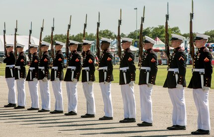 The U.S. Marine Corps Silent Drill Platoon stands ready to perform precision movements May 5 at MacArthur Parade Field at Joint Base San Antonio-Fort Sam Houston during the Military Appreciation Weekend celebration May 5-6.