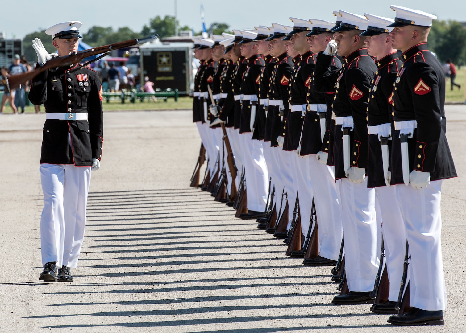 The U.S. Marine Corps Silent Drill Platoon performs precision movements May 5 at MacArthur Parade Field at Joint Base San Antonio-Fort Sam Houston during the Military Appreciation Weekend celebration May 5-6.