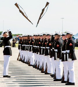 The U.S. Marine Corps Silent Drill Platoon performs precision movements May 5 at MacArthur Parade Field at Joint Base San Antonio-Fort Sam Houston during the Military Appreciation Weekend celebration May 5-6.