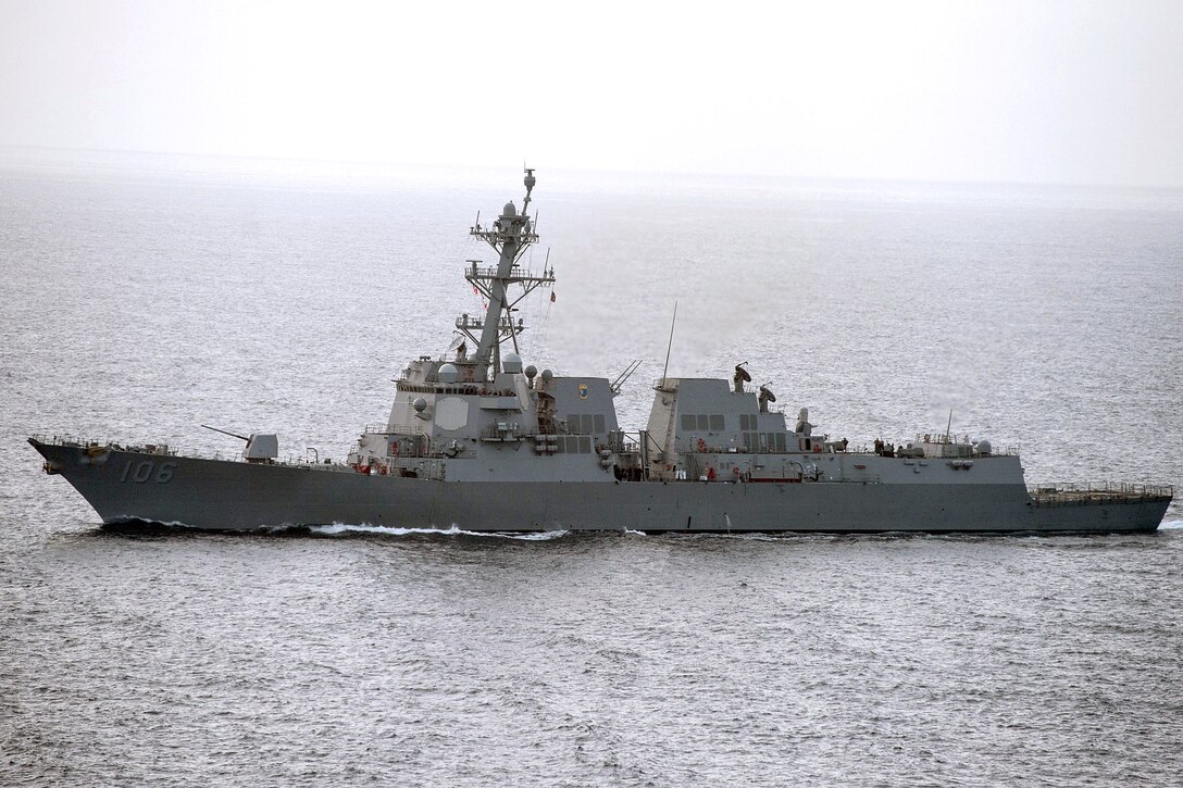 The USS Stockdale participates in a cruiser-destroyer, surface advanced tactical training exercise.