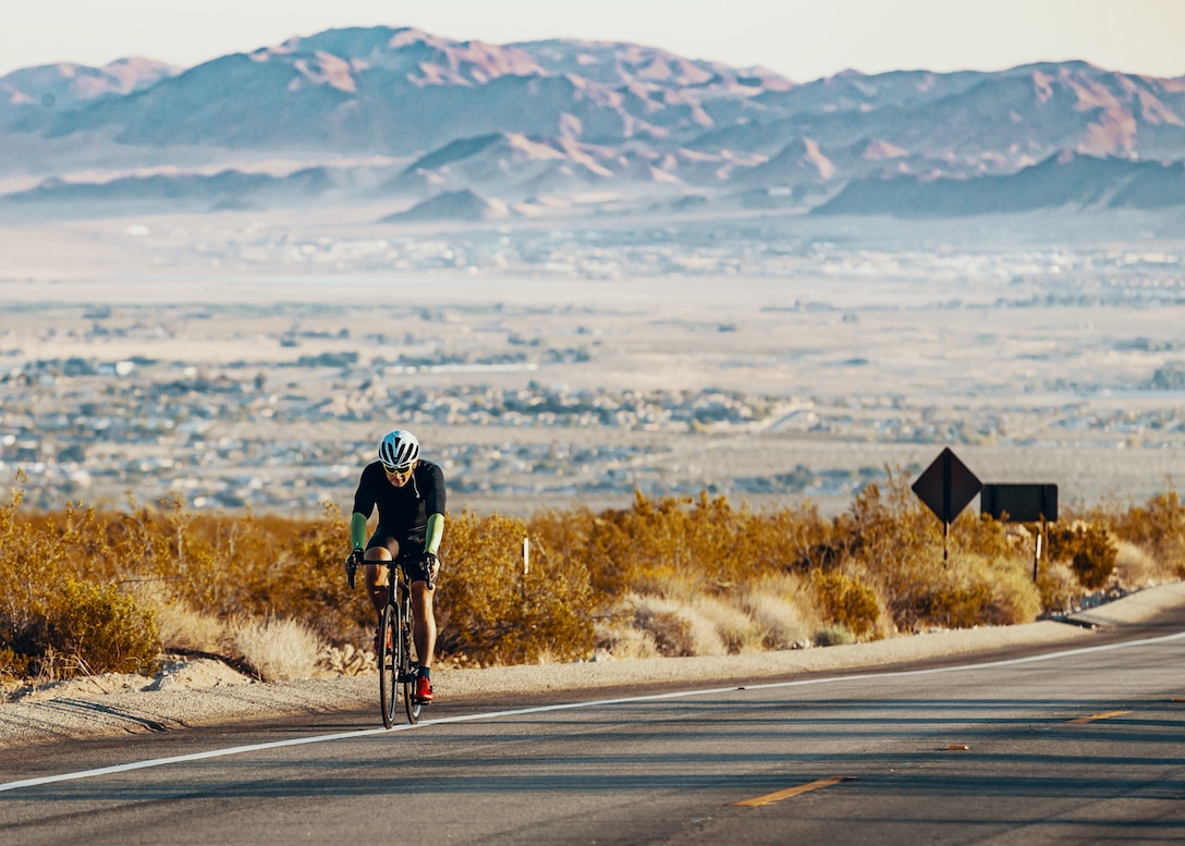 A participant of the 4th Annual Park-2-Park Bike Ride begins the 52-mile full course event in Twentynine Palms, Calif., April 28, 2018. The purpose of Park-2-Park is to bring families and friends of Twentynine Palms together in celebration of Earth Day. (U.S. Marine Corps photo by Lance Cpl. Rachel K. Porter)