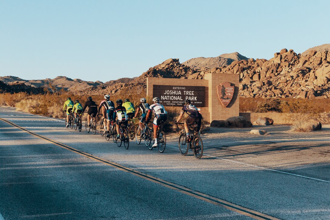 Participants of the 4th Annual Park-2-Park Bike Ride traverse the 52-mile full course through Joshua Tree National Park, Calif., April 28, 2018. The purpose of Park-2-Park is to bring families and friends of Twentynine Palms together in celebration of Earth Day. (U.S. Marine Corps photo by Lance Cpl. Rachel K. Porter)