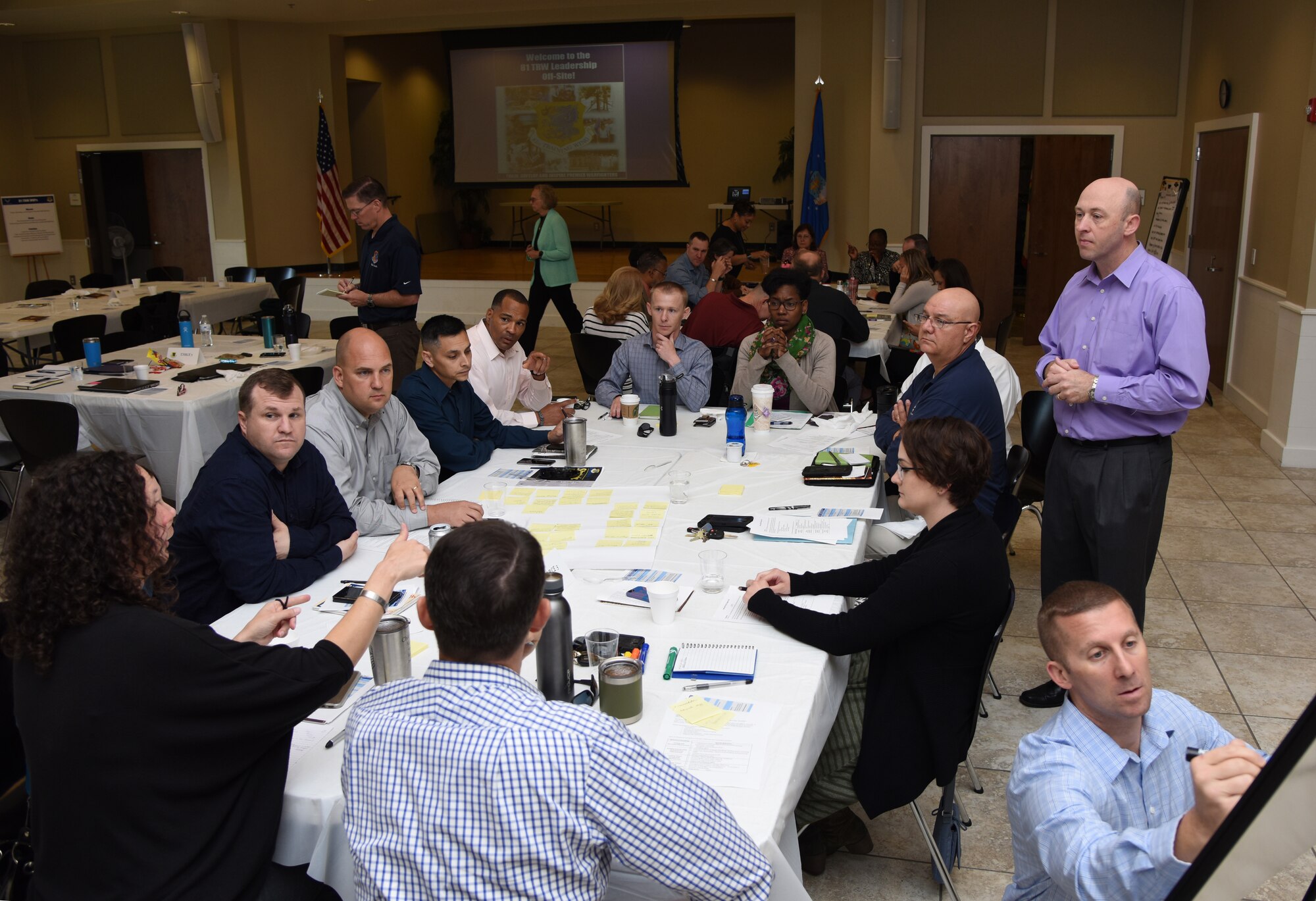 Keesler leadership participates in a small group discussion during the 81st Training Wing Spring 2018 Off-Site Commander’s Conference at The Salvation Army Kroc Center in Biloxi, Mississippi, May 2, 2018. The two-day event allowed senior leaders to step away from their day-to-day activities and focus on improving themselves as leaders. (U.S. Air Force photo by Kemberly Groue)