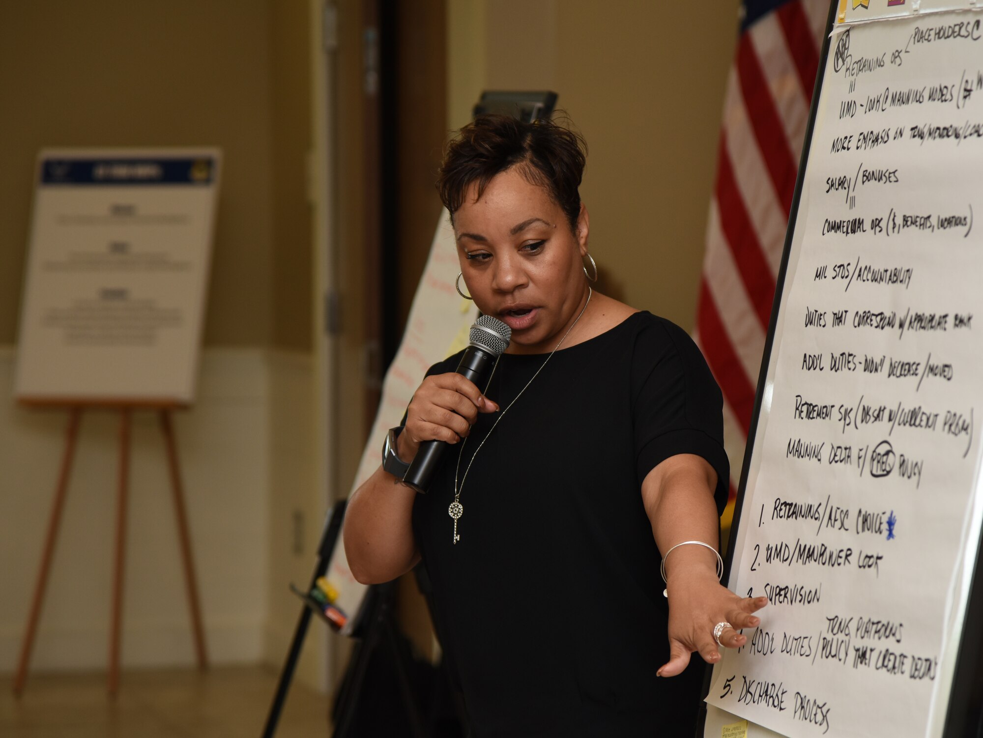 U.S. Air Force Chief Master Sgt. Tanya Johnson, 81st Diagnostic and Therapeutics Squadron superintendent, reviews notes taken during a small group discussion during the 81st Training Wing Spring 2018 Off-Site Commander’s Conference at The Salvation Army Kroc Center in Biloxi, Mississippi, May 2, 2018. Keesler leadership participated in the two-day event that allowed senior leaders to step away from their day-to-day activities and focus on improving themselves as leaders. (U.S. Air Force photo by Kemberly Groue)